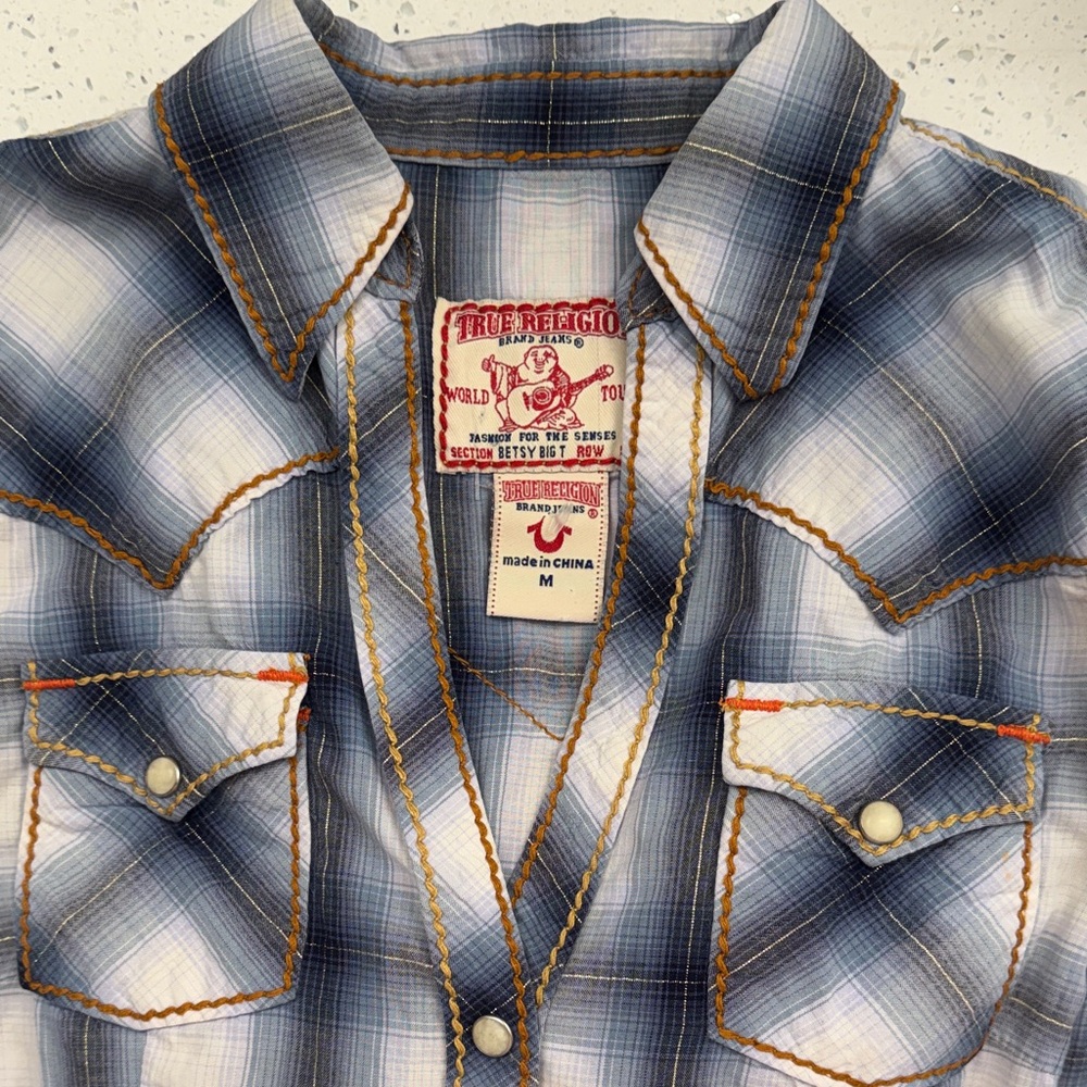 True Religion Betsy Big T Multi Blue Shimmer Cotton Button Down Shirt